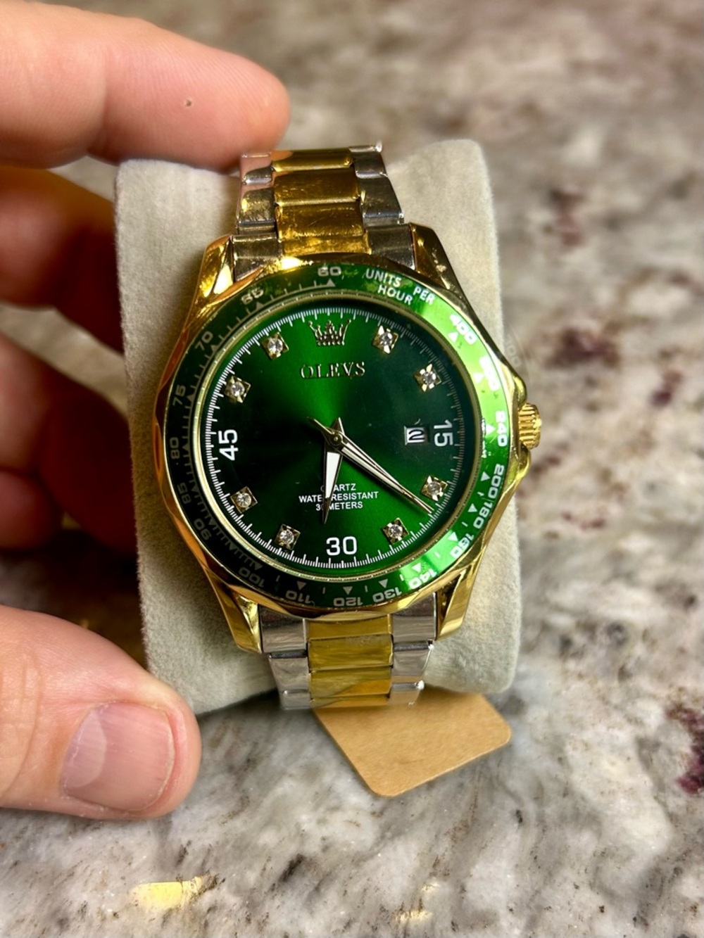 OLEVS Green Dial Gold Steel Watch Date Crystal Markers Small Wrist 5.75”